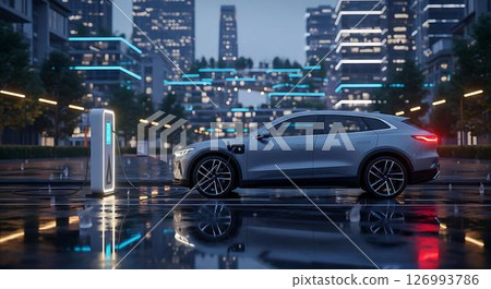 Electric Car Charging at Night in City 126993786