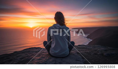 Woman meditating at sunset ocean cliff 126993808