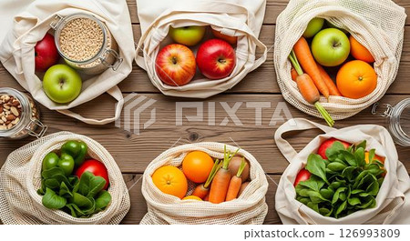 Healthy Food in Eco Bags, Wooden Background 126993809