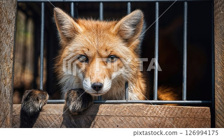 Distressed Fox Trapped Despairing Canid Caged in Neglected Surroundings, Showcasing the Urgency of Animal Welfare Advocacy. Distressed Fox Trapped Despairing Canid Caged in Neglected Surroundings, Showcasing the Urgency of Animal Welfare Advocacy. 126994175