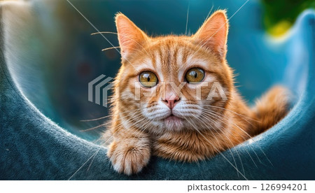 Playful Orange Striped Domestic Cat with an Amusing Expression, Basking in a Warm Living Room Setup on a Cozy Afternoon A Captivating Portrait of Feline Friendliness and Charm. 126994201