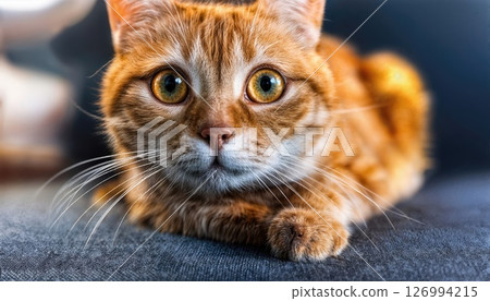 Orange Striped Kitten Steals the Show with Endearing Expression and Vibrant Coat, Catching Eyes with Playful Charm in Living Room Environment. Orange Striped Kitten Steals the Show with Endearing Expression and Vibrant Coat, Catching Eyes with Playful Charm in Living Room Environment. 126994215