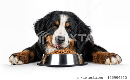A Captivating Portrait of a Fluffy Bernese Mountain Dog, Savoring His Dinner Against a Spotless White Backdrop, Radiating Warmth and Friendliness. A Captivating Portrait of a Fluffy Bernese Mountain Dog, Savoring His Dinner Against a Spotless White Backdrop, Radiating Warmth and Friendliness. 126994250