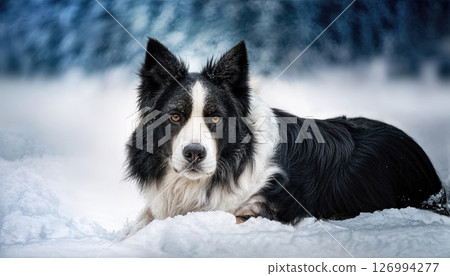 Stark Contrast Black White Canine Resting Peacefully Amidst Snowy Wonderland Capturing the Winters Pure Majesty 126994277