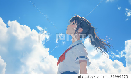Illustration of a high school girl looking up at the blue sky (generated AI image) Illustration of a high school girl looking up at the blue sky (generated AI image) 126994373