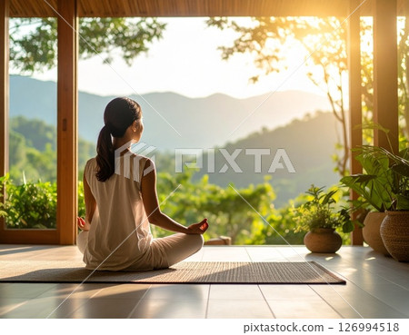 Back view of a woman meditating on a wooden deck in the mountains filled with natural light | Wellness, Silence, Mindfulness 126994518