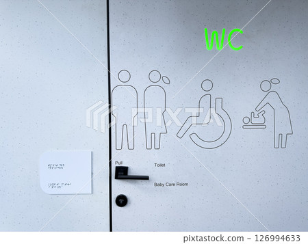 Modern accessible WC door with glowing green signage and clear pictograms for men, women, disabled users, and baby care. Inclusive design promoting visibility and universal access Modern accessible WC door with glowing green signage and clear pictograms for men, women, disabled users, and baby care. Inclusive design promoting visibility and universal access 126994633