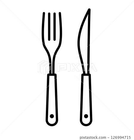 叉子和刀子的簡單線條畫向量圖示插圖 | 叉子，刀子，餐具 126994715