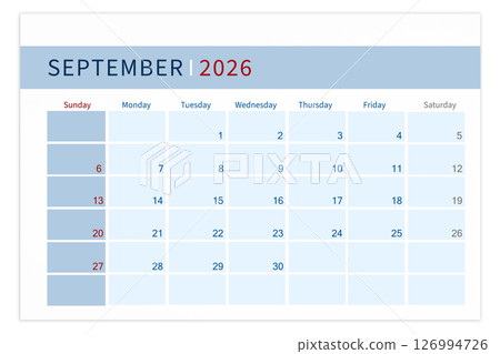 Blank calendar page for September 2026 year isolated on white background. 126994726