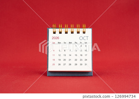 October Mini calendar for 2026 year on red background. October Mini calendar for 2026 year on red background. 126994734