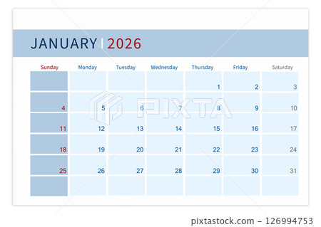 Blank calendar page for January 2026 year isolated on white background. 126994753