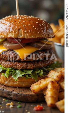 Delicious Double Cheeseburger with Mushroom and Fries Delicious Double Cheeseburger with Mushroom and Fries 126994798