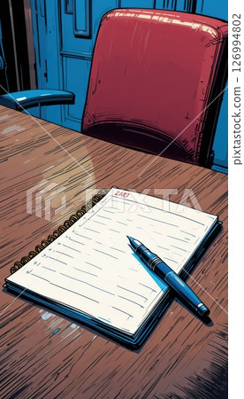 Planner with Pen on Wooden Desk 126994802