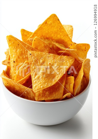 Simple bowl of crisp tortilla chips isolated on clean bright white background 126994918