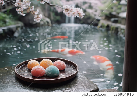 Colorful mochi beside koi pond under drifting blossoms in serene Kyoto garden 126994919
