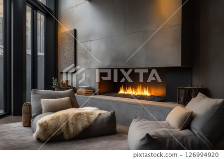 Minimalist lounge with concrete fireplace and warm glow from modern hearth 126994920