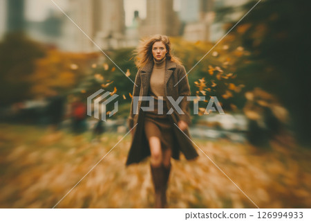 Model strolls through golden autumn leaves in Central Park wearing classic fall fashion 126994933