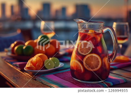 Colorful sangria pitcher with citrus sits beneath hazy summer skyline and napkins 126994935