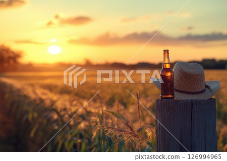 Cold beer rests on fence post as golden light warms harvest field 126994965