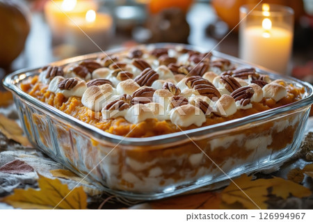 Toasted marshmallow sweet potato casserole served warm on festive Thanksgiving table 126994967