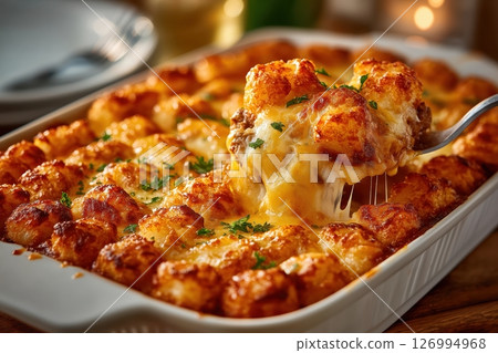 Fresh-Baked Tater Tot Casserole with Crispy Top and Cheesy Beef Filling 126994968