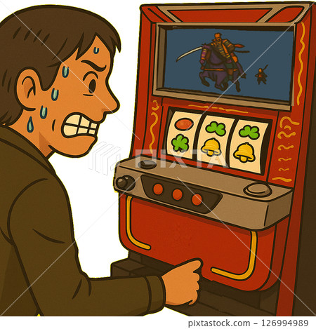 A man playing slot machines (desperately) 126994989
