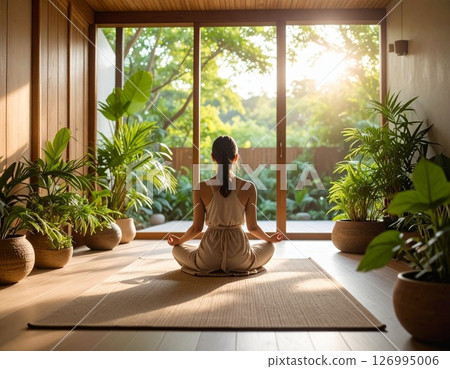 Back view of a woman meditating indoors with natural light streaming in | Wellness retreat space with houseplants 126995006