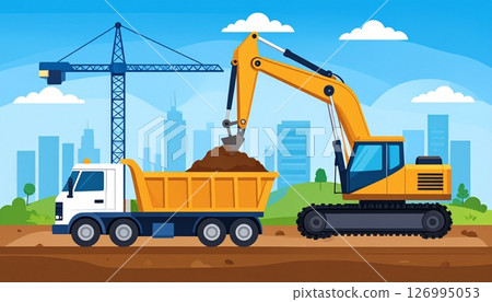 [Adobe Firefly] Excavator and dump truck working at construction site 9 126995053