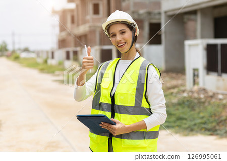 Happy engineer woman, Smart working women with safety reflective vest confident thumbs up smiling 126995061