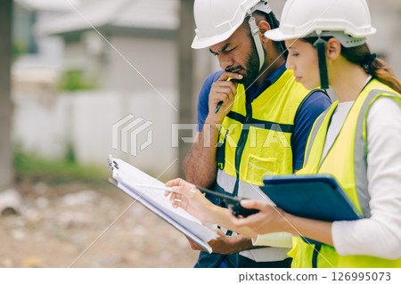 Construction engineer foreman thinking solving problem when talking with site manager about problem 126995073