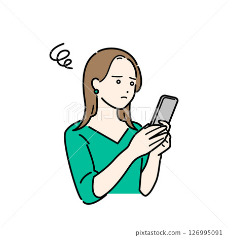Illustration material of a young woman having trouble searching for information on her smartphone 126995091