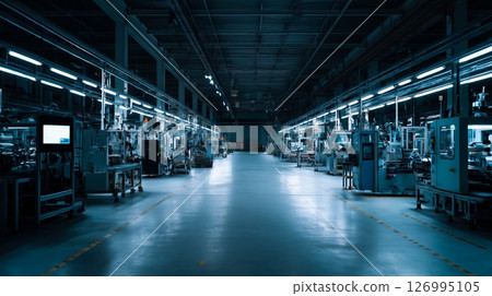 A vast industrial factory floor illuminated with bright LED lights, showcasing high-tech machinery and automated production lines at night, creating a modern and efficient manufacturing environment. 126995105