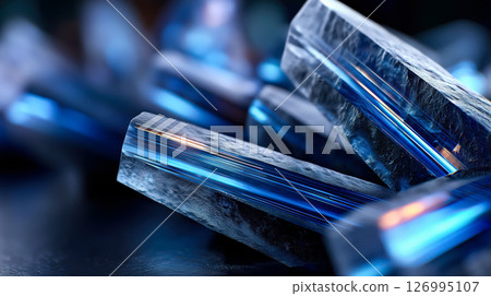 Close-up of sharp blue crystals with detailed texture and light reflections, showcasing their translucent beauty 126995107