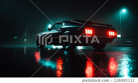 A classic muscle car parked on a rainy street at night, with neon lights reflecting on the wet ground 126995112