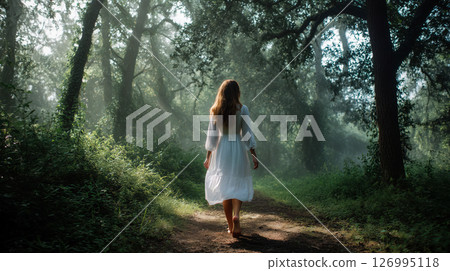 Barefoot woman in a flowing white dress walking peacefully along a misty forest path in morning light 126995118