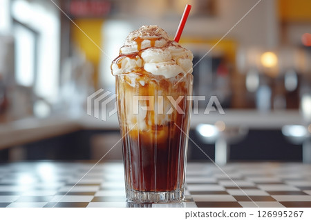 Root Beer Float Bubbling in Classic Soda Fountain with Nostalgic Retro Atmosphere 126995267