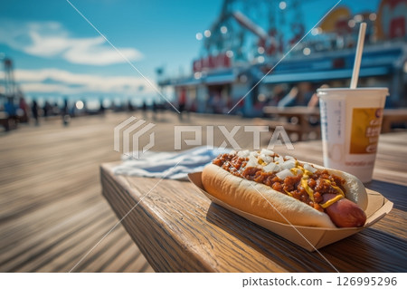 Coney Island Hot Dog Drenched In Chili On Seaside Boardwalk 126995296
