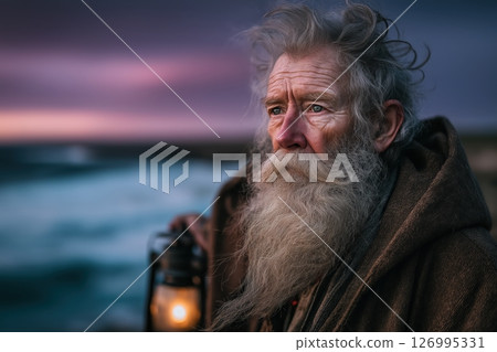 Elderly Lighthouse Keeper Holding Lantern on Cliffside at Crimson Sunset 126995331