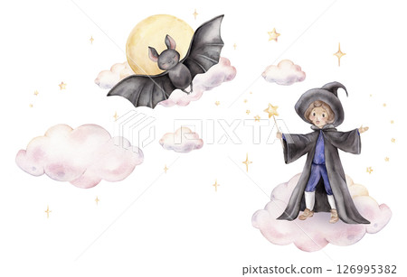 Watercolor hand drawn illustration of the wizard in a hat and cloak with a magic wand for Halloween on clouds with stars and moon. Pastel witch with cute black bat for kids greeting cards. 126995382
