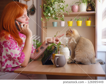 Beautiful short hair cat at home with woman. Adorable domestic pet concept. against a background of indoor plants Beautiful short hair cat at home with woman. Adorable domestic pet concept. against a background of indoor plants 126995449