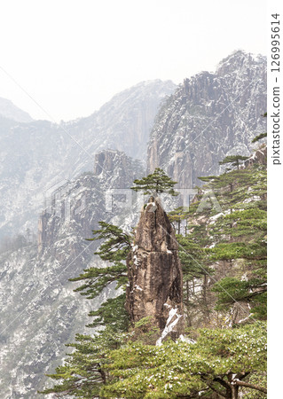The Magic Brush with Flower on Tip Peak formation in Huangshan or Yellow Mountain in China. Popular tourism destination. 126995614