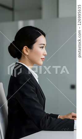 Asian businesswoman in black suit with neat bun sitting in modern office profile view 126995635