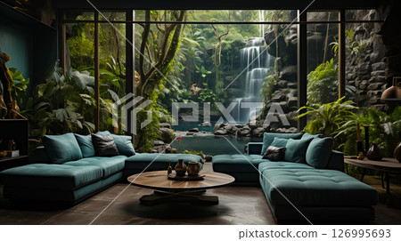 Relaxation room with armchairs and sofas against the backdrop of the jungle and tropical forest 126995693