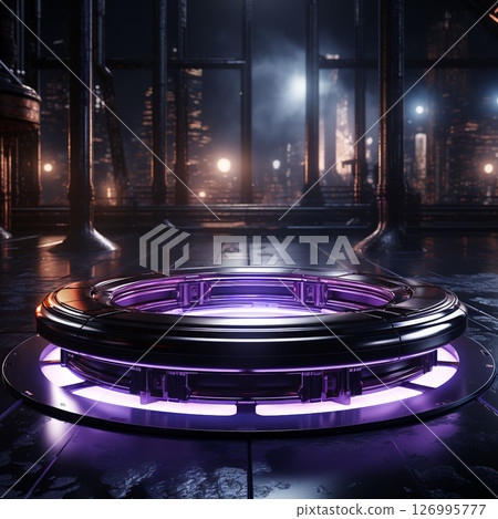 Abstract neon purple futuristic cylindrical round hi-tech platform stand 126995777