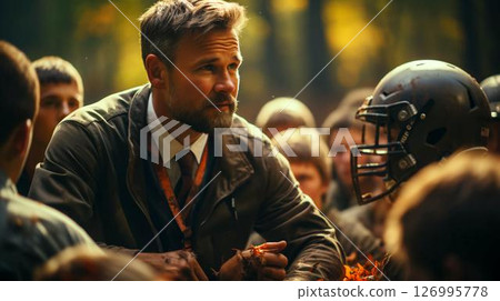 American football sports team coach explains strategy to players during championship 126995778