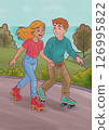 happy family running on roller skates in the park 126995822