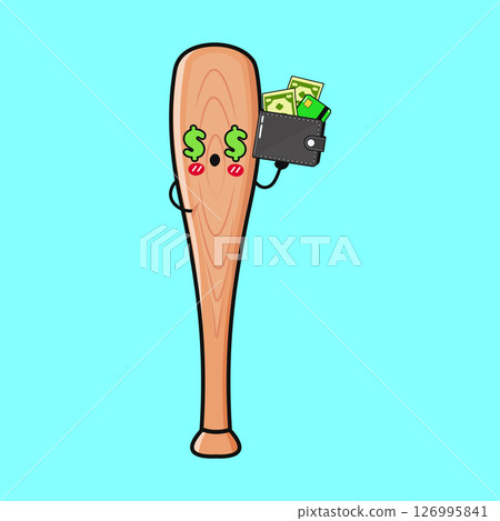 Cartoon Baseball Bat character with dollar sign eyes holding a full wallet against a blue background. 126995841