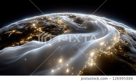 Stunning digital art showcasing the earth with glowing city lights and abstract clouds. 126995889