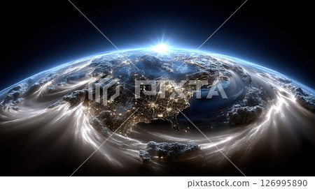 Stunning view of planet Earth with vibrant colors and city lights at night. 126995890
