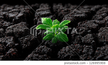 A single green plant emerges from dark soil, representing growth and life. 126995908
